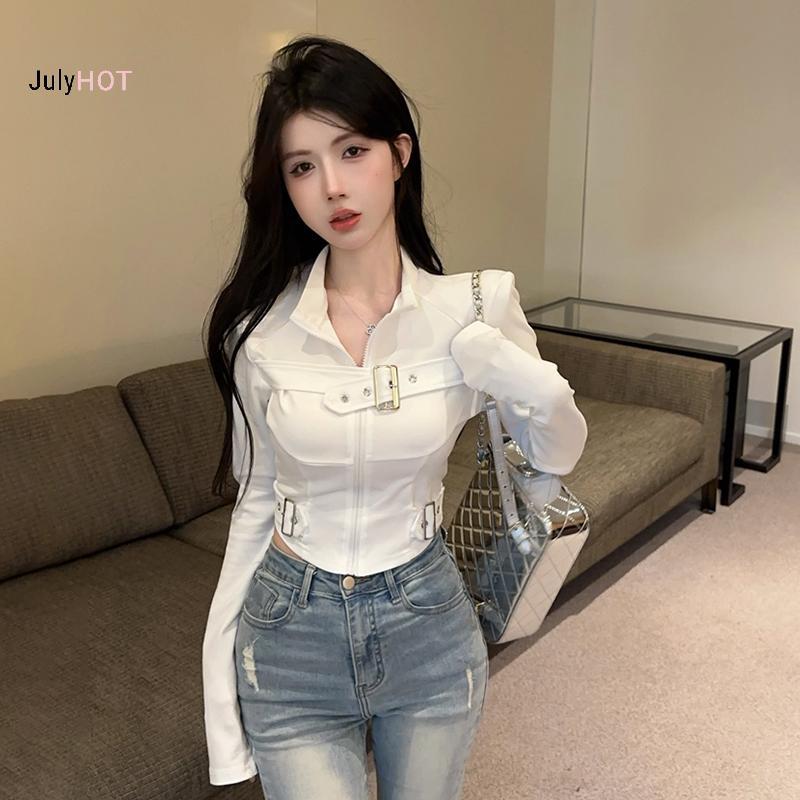 Áo sơ mi đứng cổ dài tay ôm thời trang dạo phố, chất liệu kim loại màu xanh dương