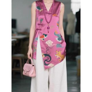 [Khuyến mãi ngắn hạn] Áo vest đỏ hồng phong cách Trung Quốc, thiết kế khóa kéo sang trọng, trendy mùa hè.