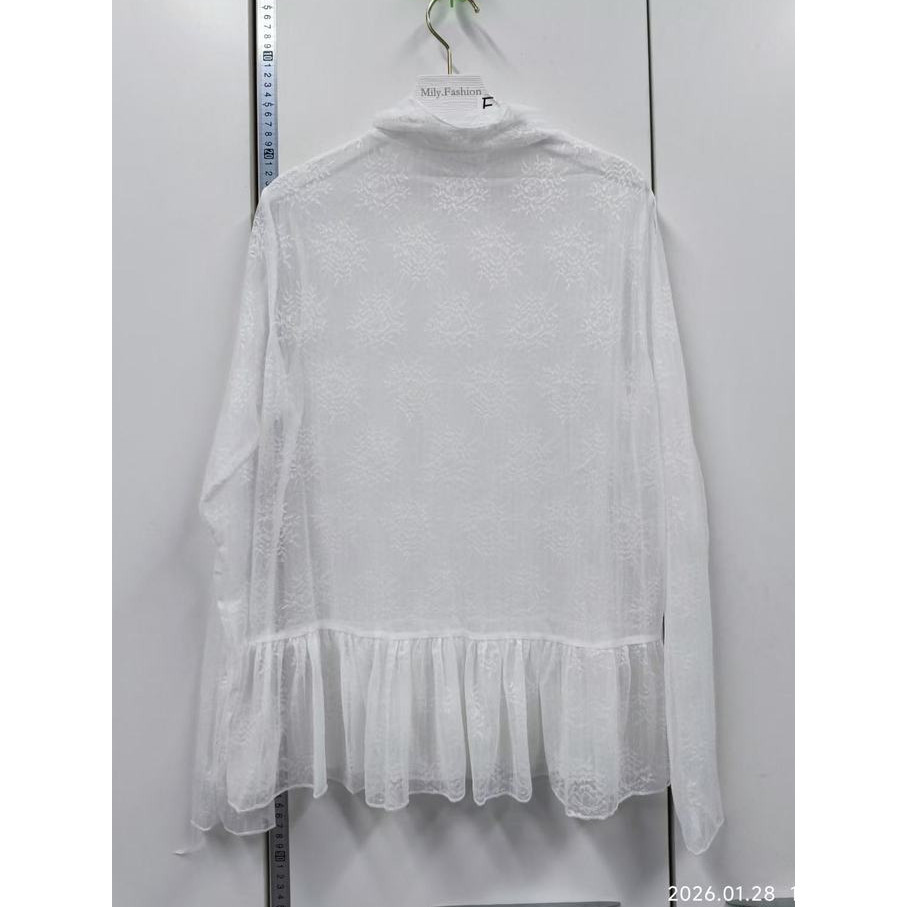 Milyfashion See-Through Trắng Nửa Cổ Cao Ren Mỏng Tay Áo Thun Vải Jacquard Phong Cách Ballet