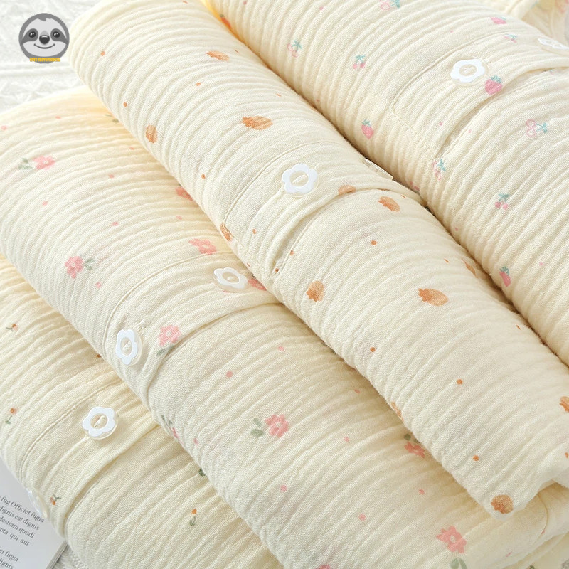 Phong cách đơn giản Nhật Bản / Bộ đồ quần dài tay cổ tròn bằng sợi cotton Seersucker dành cho nữ / Bộ đồ ngủ dài tay bằng vải cotton nguyên chất / Cotton nguyên chất B