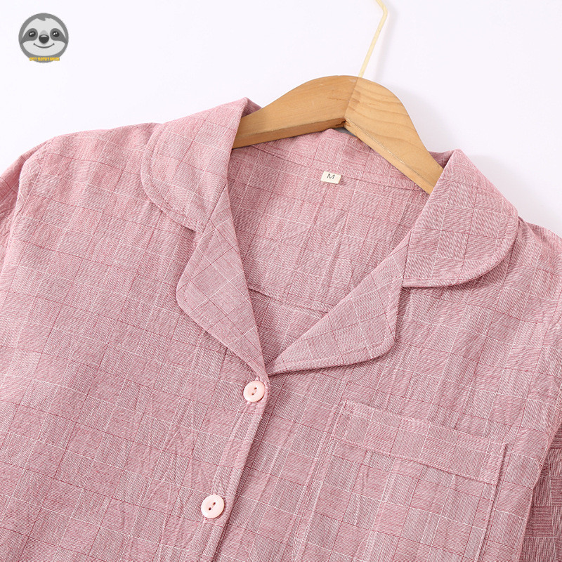 Phong cách Nhật Bản Muji Style / Cặp đôi Dark Check Pure Cotton dài tay Loungewear / Bộ đồ ngủ nam nữ mùa xuân thu / Bộ đồ ngủ đi chơi mềm mại thoải mái