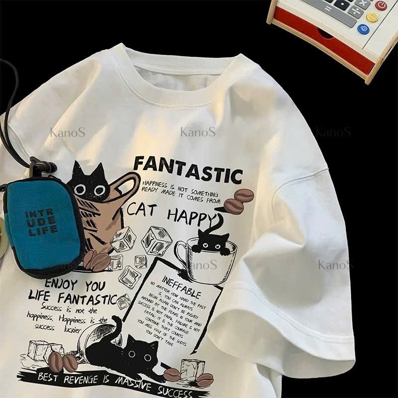 Kanos_shop | áo thun nữ form rộng, Hàn quốc dễ thương Cat print 100% cotton áo sơ mi tay ngắn