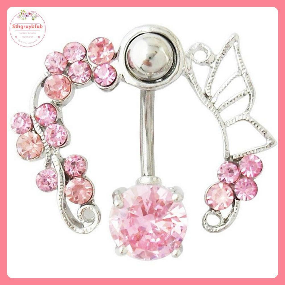 STHB Vòng bụng bướm hồng trên xuống rốn xỏ ngược 14G hoa VN