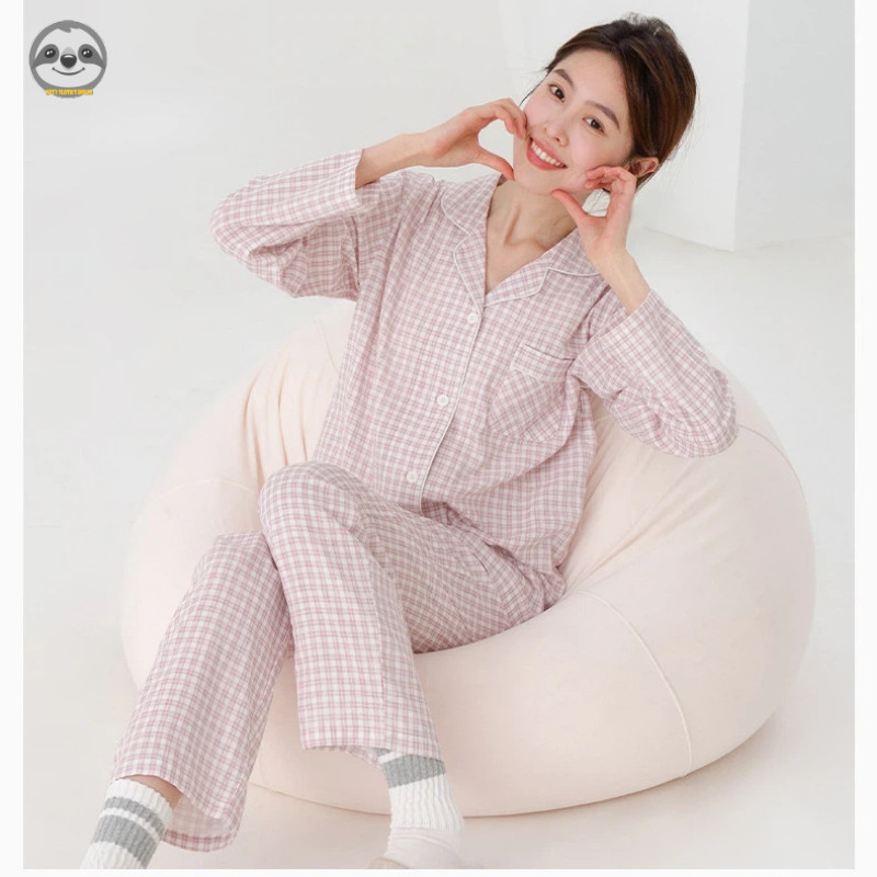 Phong cách Nhật Bản Muji Style / Cặp đôi nhỏ kẻ sọc Cotton nguyên chất dài tay / Bộ đồ ngủ bằng sợi hai lớp có ve áo / Bộ đồ ngủ đi chơi mềm mại thoải mái / Trang phục cặp đôi