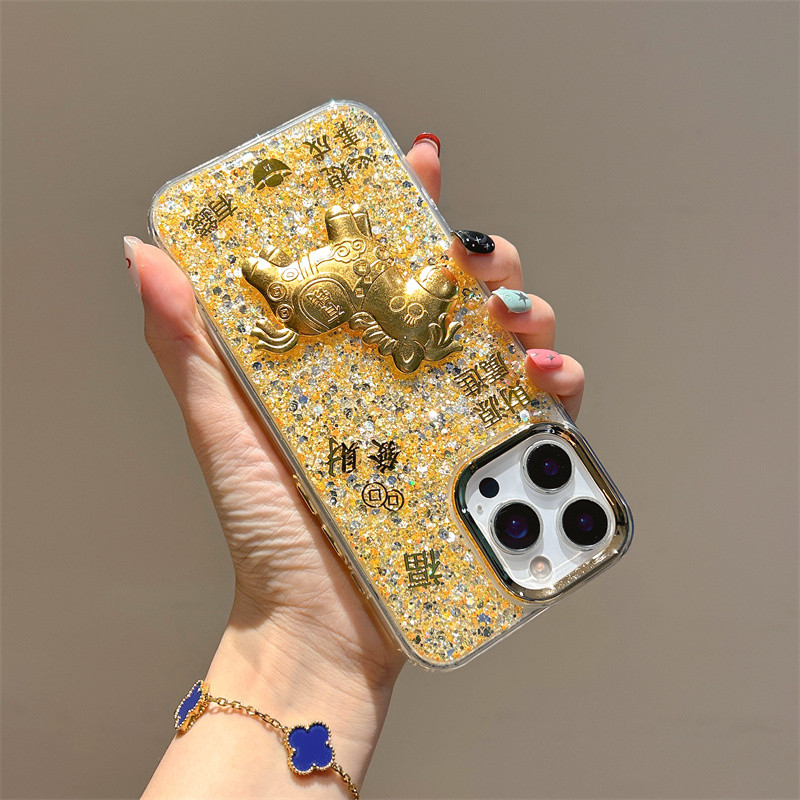Ốp lưng iPhone hình ngựa 3D lấp lánh vàng phù hợp cho iPhone 17 Pro Max, iPhone 17 16 15 14 13 12 11