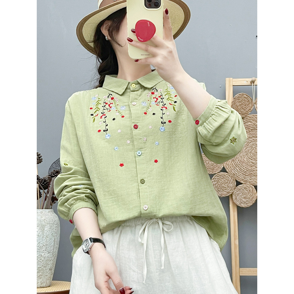 [Hàng có sẵn] Áo sơ mi nữ 100% cotton Mori Art, thiết kế thêu họa tiết hoa nhẹ nhàng, phù hợp làn da