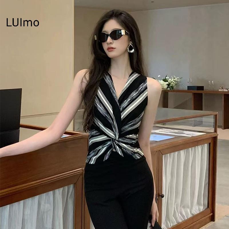 LUImo Áo sơ mi nữ retro sọc vest pleats mỏng dệt kim không tay