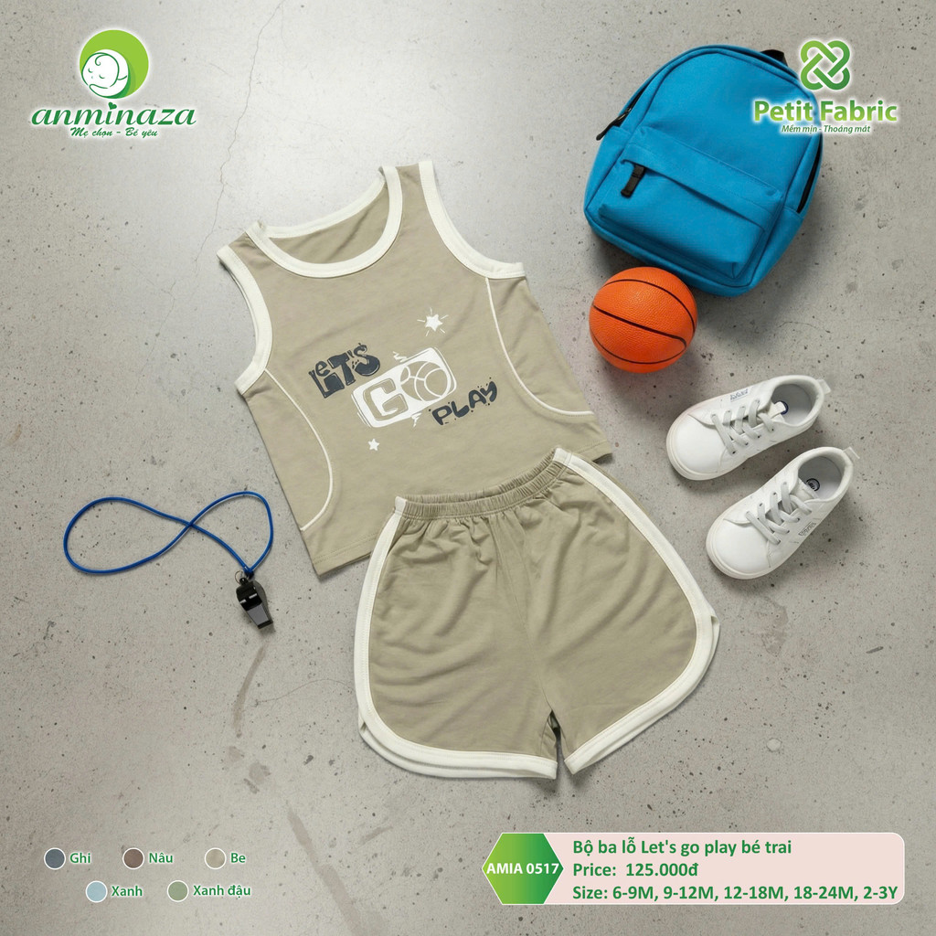 Bộ ba lỗ Let's go play bé trai Anminaza Vải Sợi Petit Thoáng Mát Thấm Hút - Hàng Chính Hãng AMIA0517