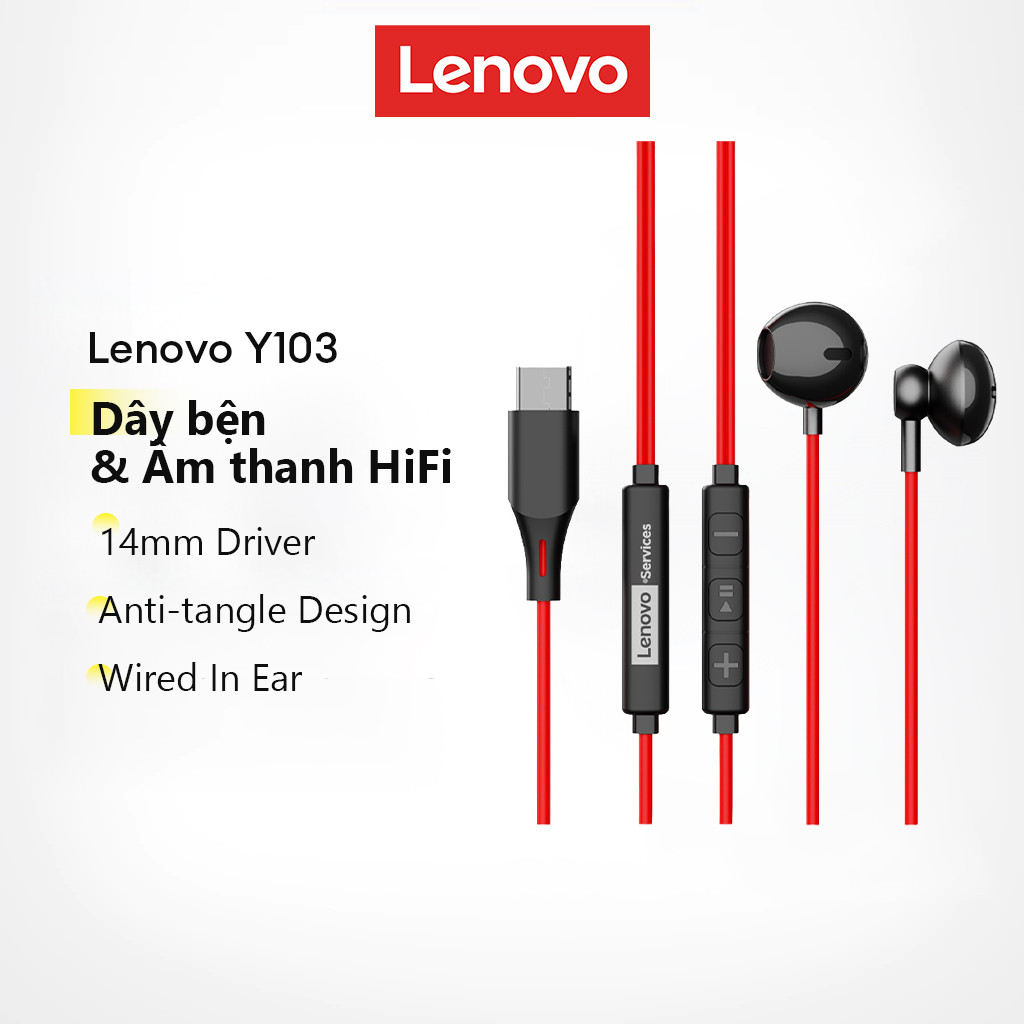 Tai nghe có dây Lenovo Y103 Tai nghe nhét tai có trình điều khiển 14mm và âm thanh HiFi cộng với cáp bện chống rối