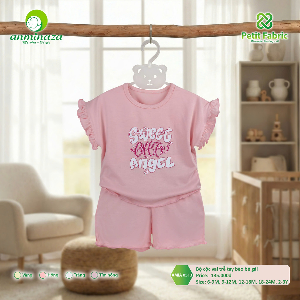 Bộ cộc vai trễ tay bèo bé gái Anminaza Vải Sợi Tre Petit Thấm Hút Thoáng Mát - Hàng Chính Hãng AMIA0513