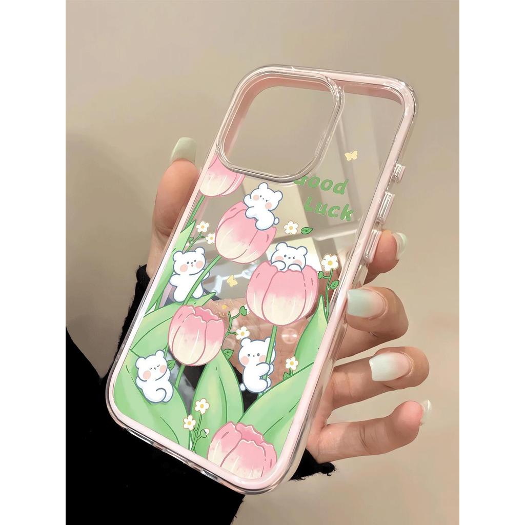 Hoa tulip thỏ hồng cho 16 trường hợp iPhone 17Air 3 trong 1 bezel 14 13 11Pro