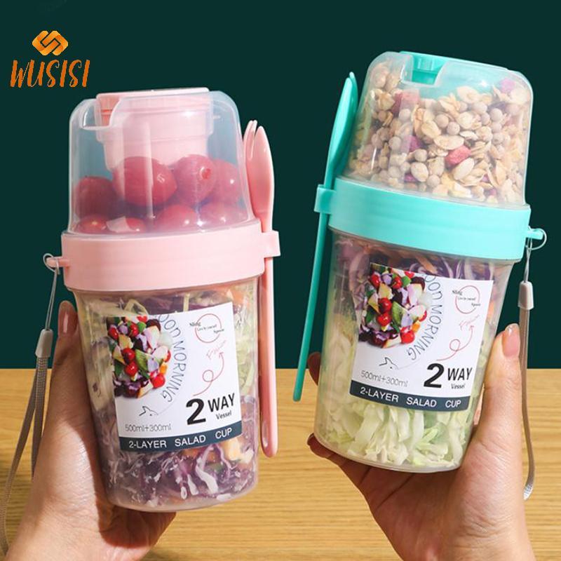 [WUSISI] Cốc Salad sữa chua yến mạch trái cây ăn sáng có nắp và thìa Hộp đựng thực phẩm hai lớp Hộp Bento Thể dục Bát côn giảm béo MỚI