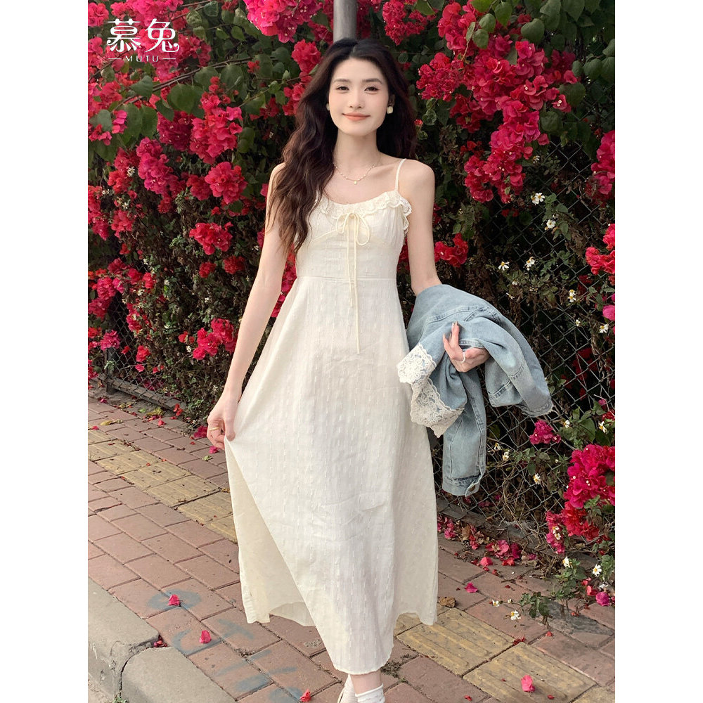 MUTU | Đầm chữ A bé gái mùa hè với ren trắng viền và eo cinched, style vintage cao cấp