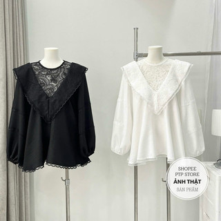 Áo Thô Đũi Dáng Babydoll Pha Ren Tay Dài Tiểu Thư Form Dấu Quần, Áo babydoll tiểu thư