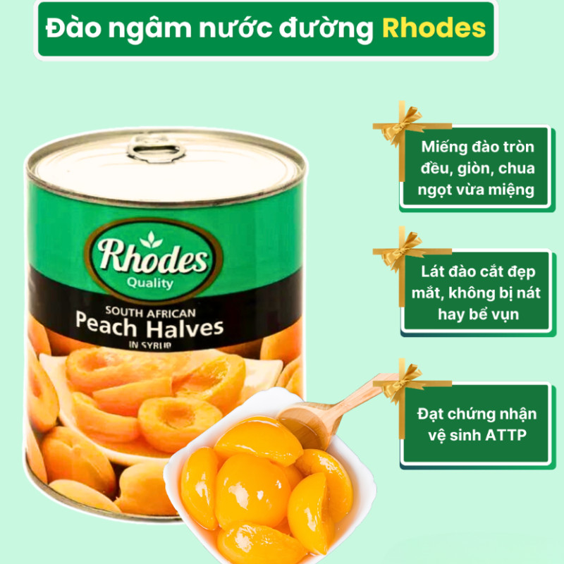 Đào Bổ Đôi Ngâm Siro Hiệu Rhodes Hộp 825g Topping Thơm Ngon Giòn Cho Pha Chế Trà Đào, Decor Bánh