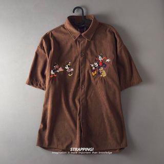 Áo sơ mi tay ngắn thiết kế hoạt hình Mickey & Donald vịt thêu dây, phong cách retro từ Nhật Bản