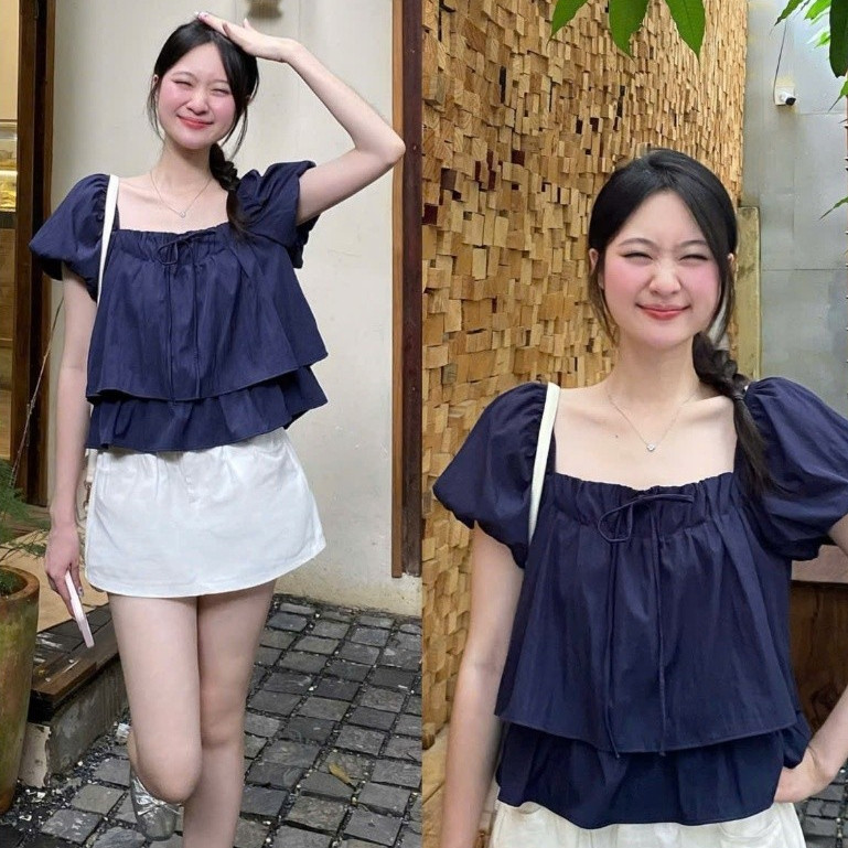 Áo Vai Chun Tay Bồng 2 Tầng Nơ Cổ Dáng Lửng A3090 Bigsize