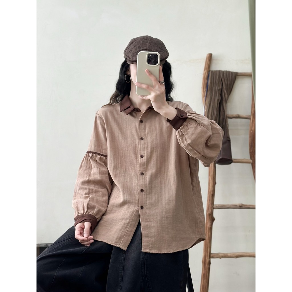 [Sẵn sàng] Áo sơ mi nữ 100% Cotton chất lượng cao Màu sắc phù hợp với áo sơ mi dài tay một ngực mùa xuân mới Skinny Top