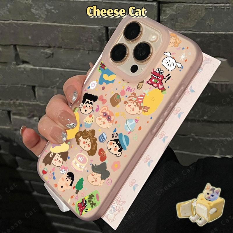 Gia đình bút chì dễ thương Shin Ốp điện thoại màu vàng mờ cho iPhone 15 16 11 12 13 14 17 Pro Max 7 Plus XR Xs Max