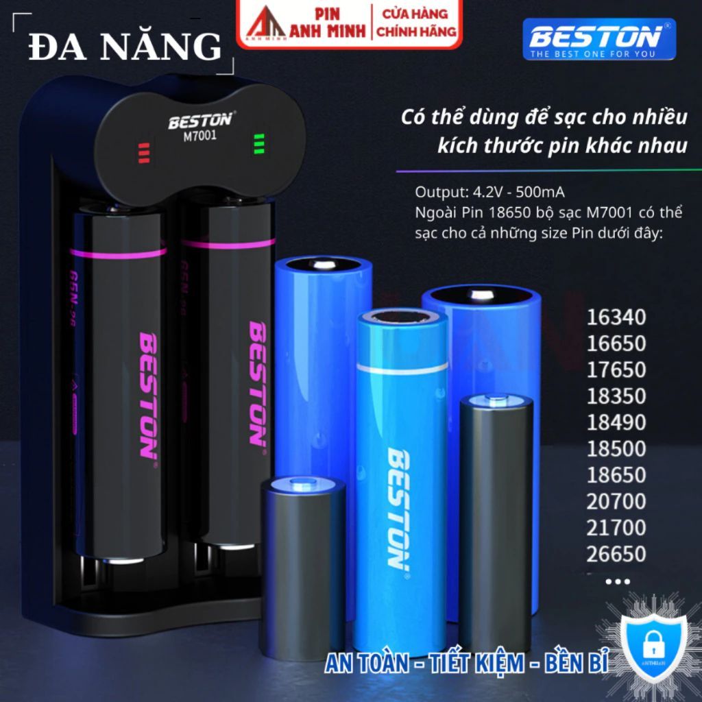 Pin Sạc 18650 3.7V Dòng Xả Cao Beston 3300mAh 2600mAh dùng cho sạc đa năng M7001 sạc nhanh tự ngắt