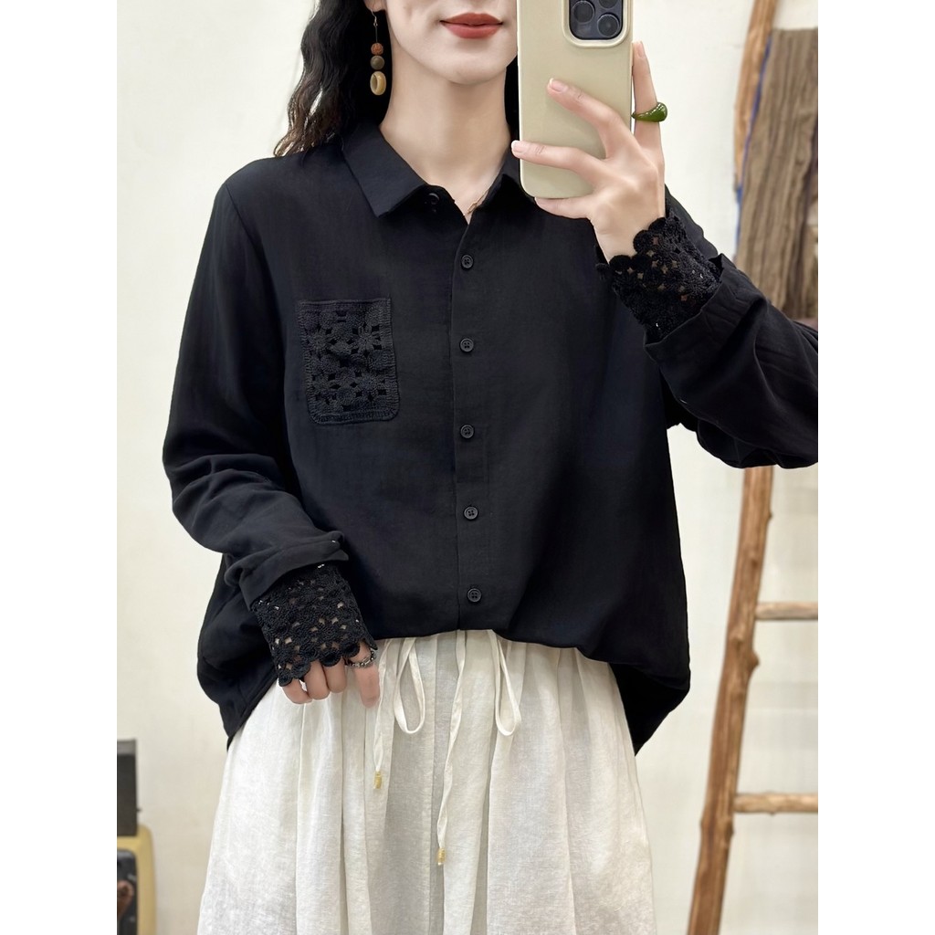 [Hàng có sẵn] Áo sơ mi nữ 100% cotton và ren, chất lượng cao, phù hợp mùa xuân