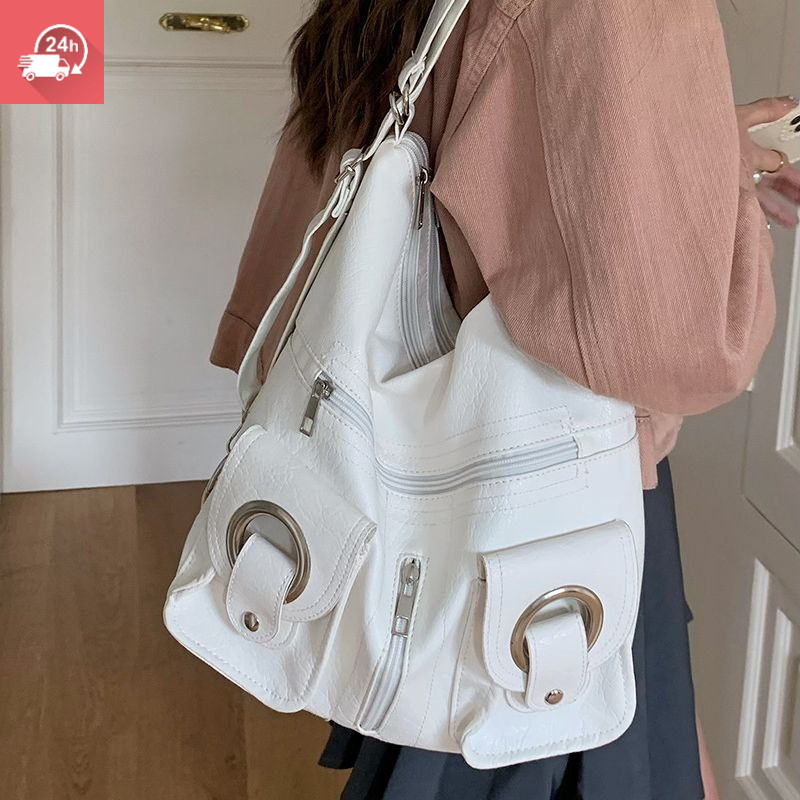 Phiên bản Hàn Quốc đơn giản túi dây kéo màu trắng đa năng dành cho nữ Túi Tote sức chứa lớn PU