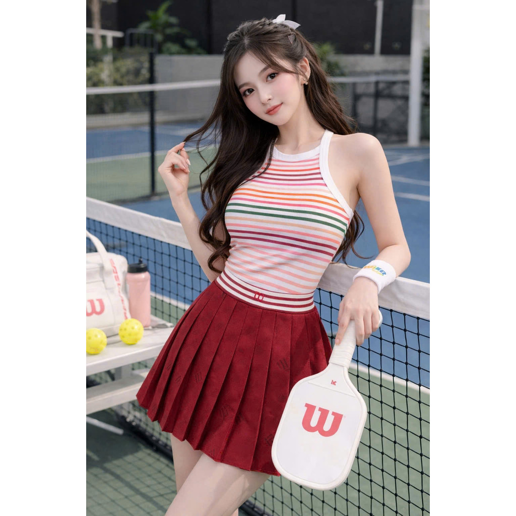 [PICKLEBALL W6.26] Bộ thể thao nữ, Sét áo yếm mix váy xếp ly hai lớp tập Pickleball Golf Tennis ...