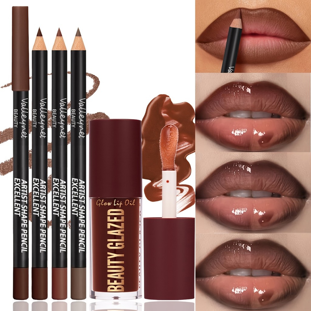 BEAUTY GLAZED Bộ 4 Son Dầu & Son Lót Môi Làm Đẹp - Bút Chì Môi Mờ Chống Thấm Nước Lâu Dài + Bộ Son Môi Bóng Plumping Cho Nữ Trang Điểm