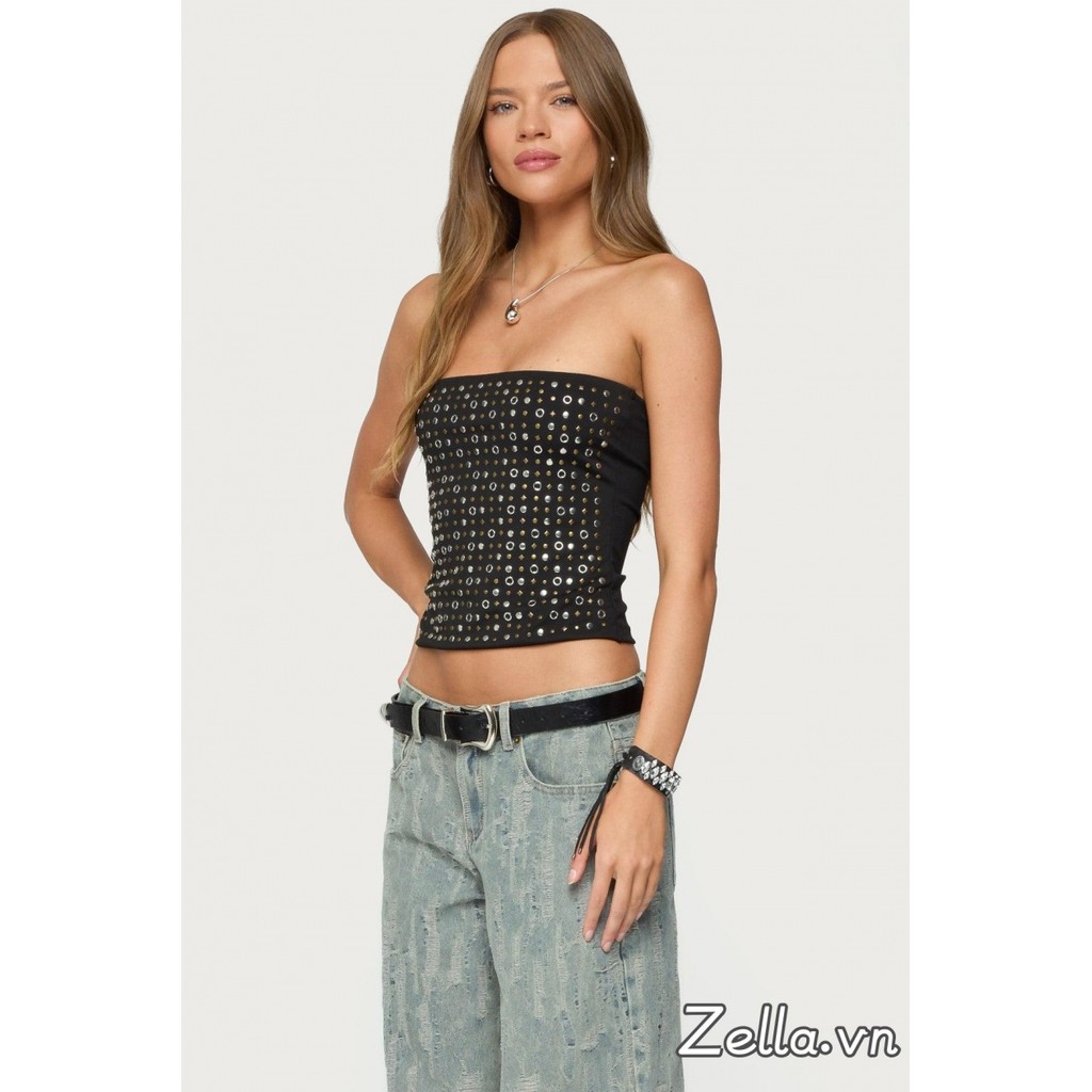 Áo Crop-Top Quây Bo Trễ, Polyester Màu Đen, Form Slim Fit