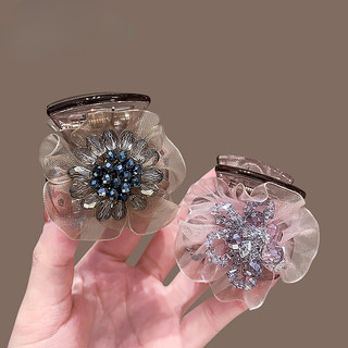 Kẹp Đuôi Ngựa Sợi Lụa Cao Cấp với Hoa Pha Lê, Hỗ Trợ Kẹp Lưng Nửa Đầu, Dung Tích Lớn