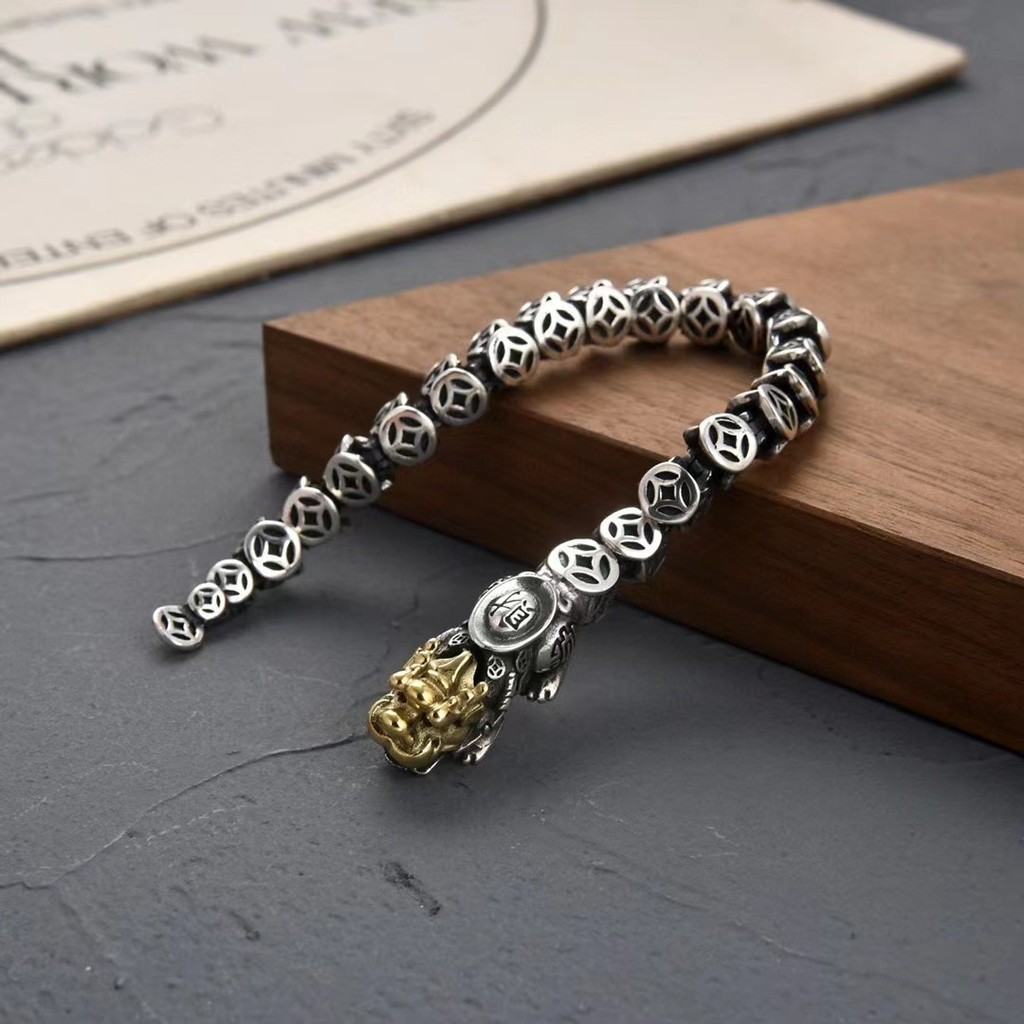 Vòng tay nam retro mạ bạc với thiết kế đồng xu Pixiu cá tính, kiểu dáng cổ điển của bạc Thái Lan