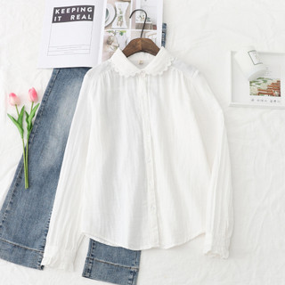 Sẵn sàng - Áo sơ mi nữ 100% cotton cổ búp bê viền ren, phong cách mới cho mùa thu, thiết kế đơn giản với tone màu trơn.