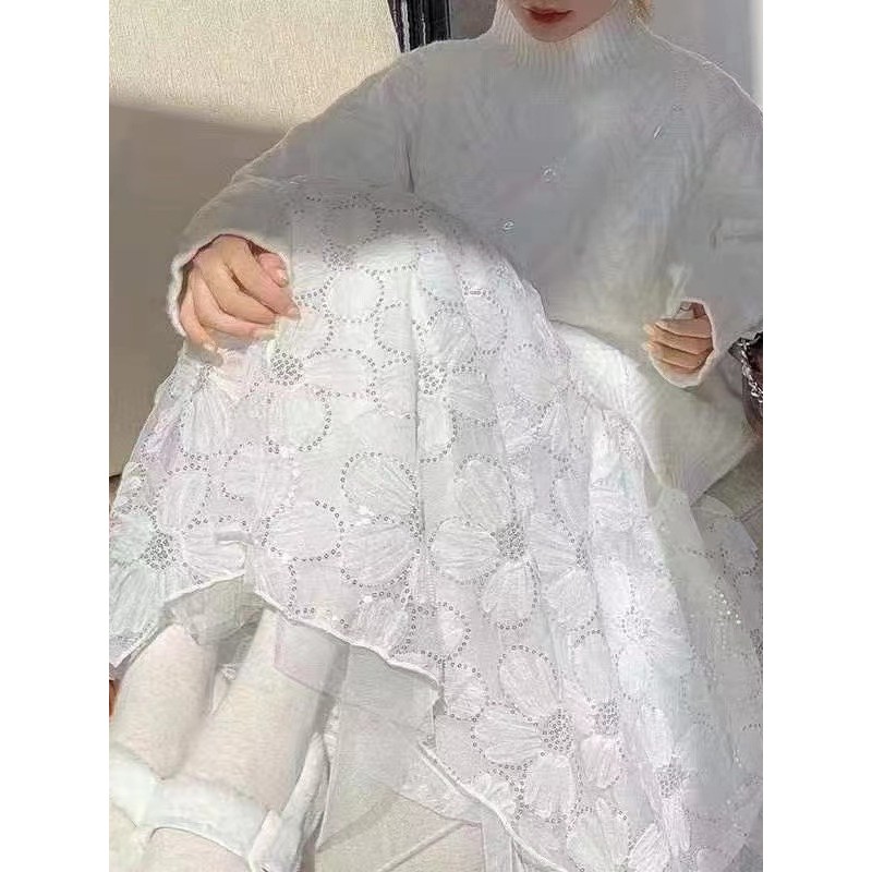 Váy voan đính sequin mùa thu/đông mới, kiểu Pháp ngọt ngào, ren hoa, lưới, dáng xòe