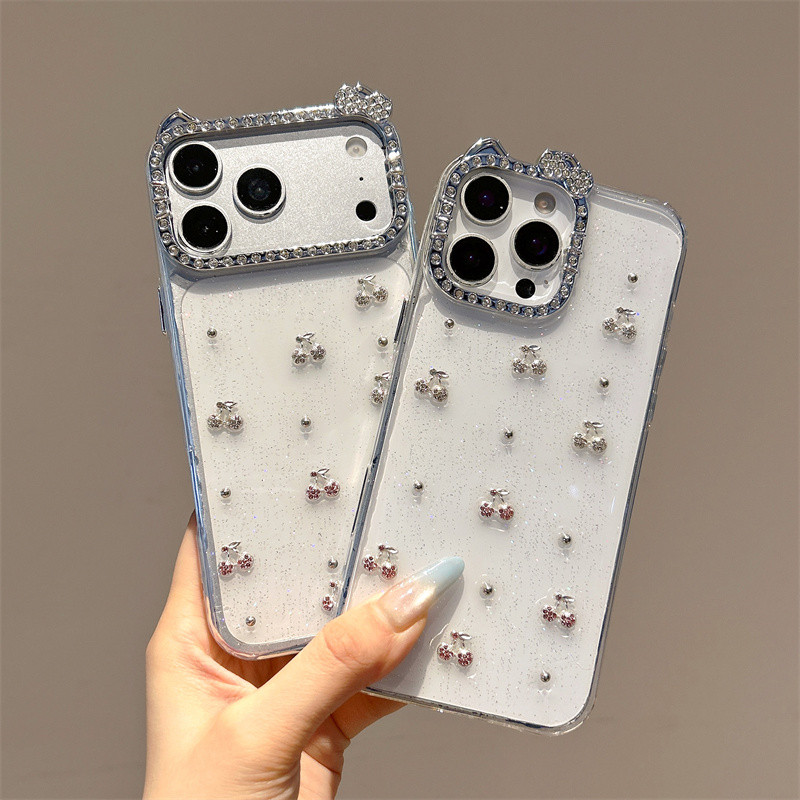 Ốp điện thoại anh đào tai mèo kim cương lấp lánh cho iPhone 17 Pro Max 17 16 15 14 13 12 11 Vỏ điện thoại chống rơi