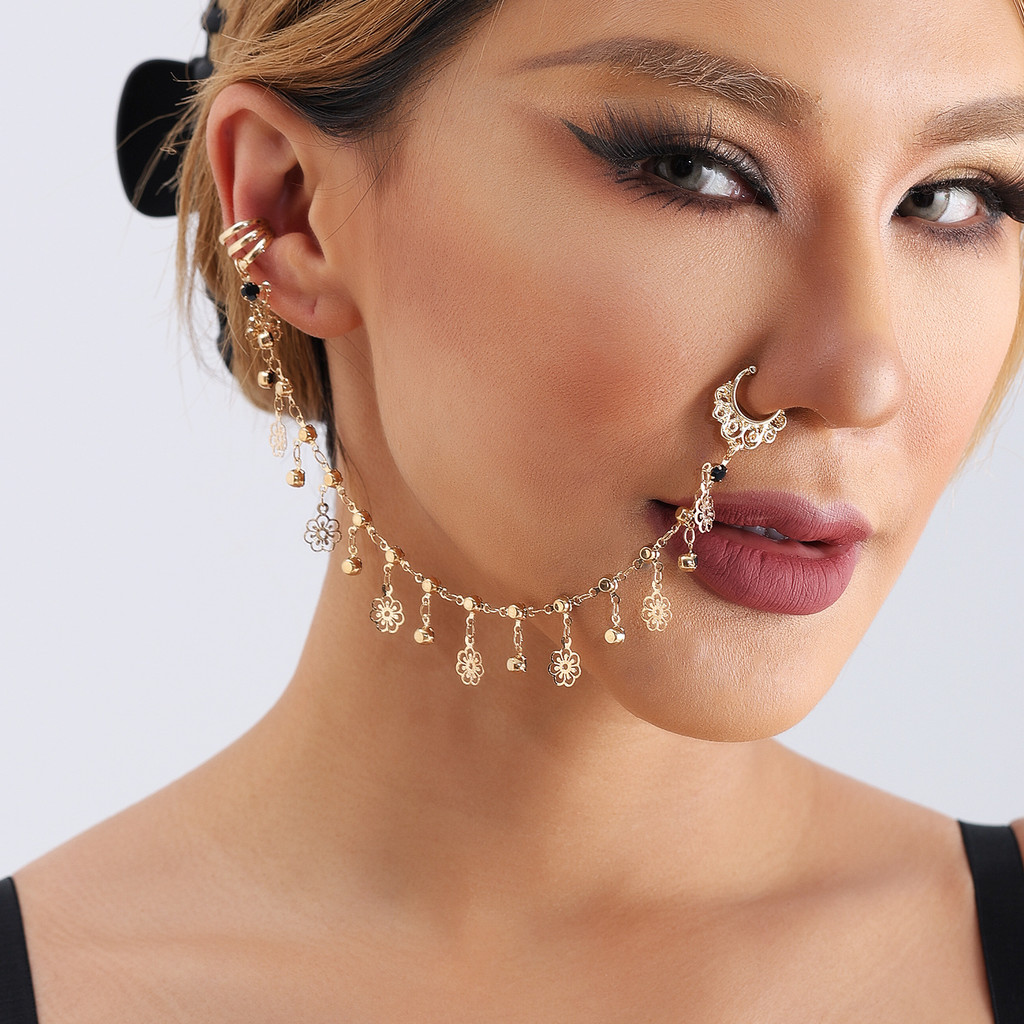 Nhẫn Mũi Phong Cách Dân Tộc Màu Đen Giả Pha Lê, Thiết Kế Mát Mẻ Và Ngọt Ngào