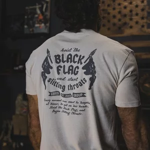 Áo sơ mi cổ tròn tay ngắn màu đen họa tiết cờ, chất liệu cotton cao cấp, sẵn có size từ XS đến 3XL
