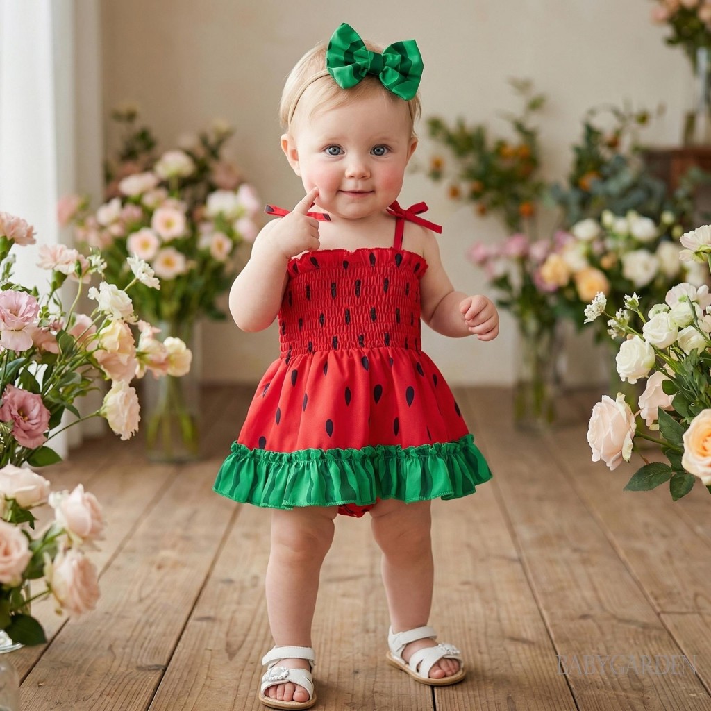 Trang phục dưa hấu cho bé gái Dây buộc vai áo liền quần và nơ băng đô mùa hè