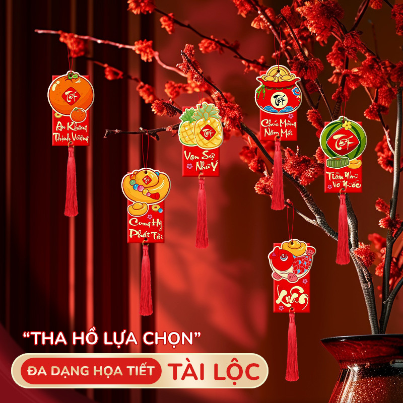 Bao lì xì liễng treo Tết 2026, bao đựng tiền có dây treo tua rua dùng treo cây mai đào trang trí