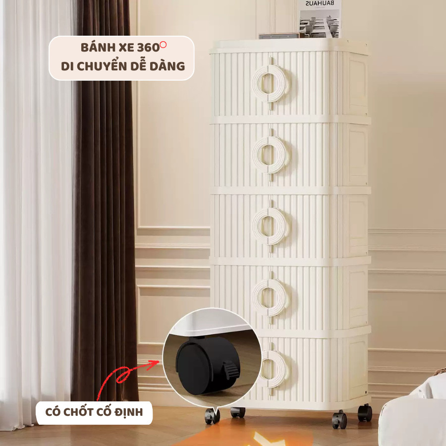 Tủ Gấp Gọn Đựng Đồ Đa Năng ENODA HOME, Tủ Nhựa 5 Tầng Cửa Trong Suốt Tay Cầm Tròn Có Bánh Xe Tiện Lợi TUN002