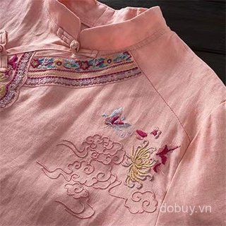 Hanfu Top Qipao nữ phong cách dân tộc retro, thêu tay, chất liệu cotton và lanh, màu sắc đơn giản, cổ khóa - phù hợp mùa hè