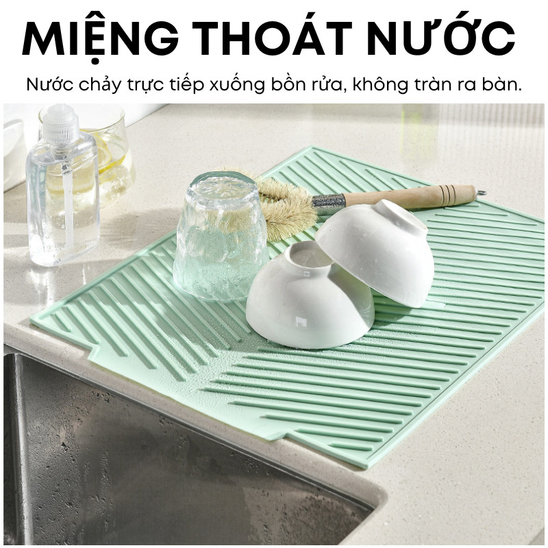 Thảm Lót Bàn Bếp Silicon Thoát Nước Chịu Nhiệt 5mm – Rãnh Nổi Chống Trượt, Lót Úp Bát Đĩa Có Miệng Thoát Nước | 360