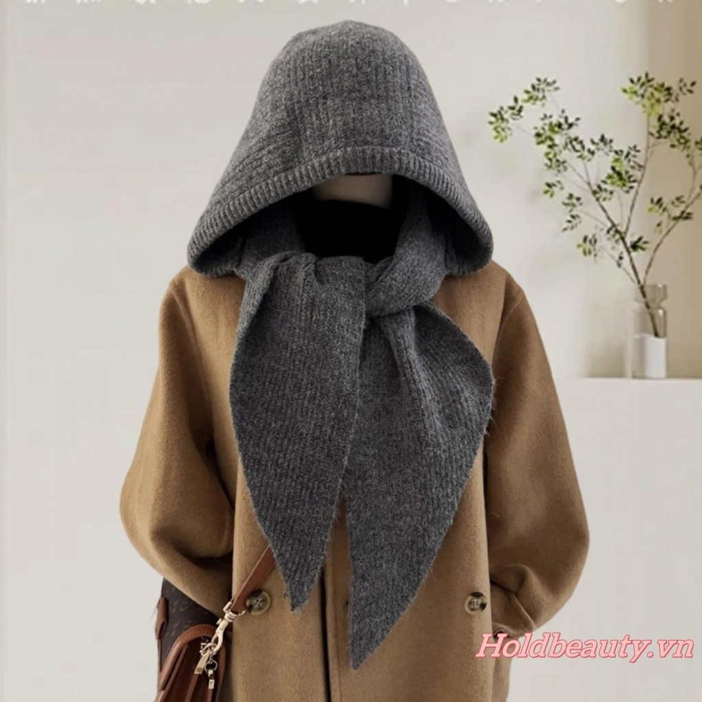 Mũ dệt kim và khăn quàng cổ có gân màu trơn, phù hợp mùa đông,style sành điệu