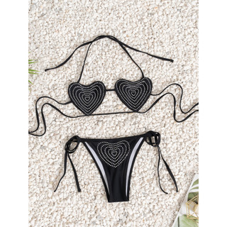 Đồ bơi nữ đen cứng nửa cốc thiết kế bikini dây mảnh