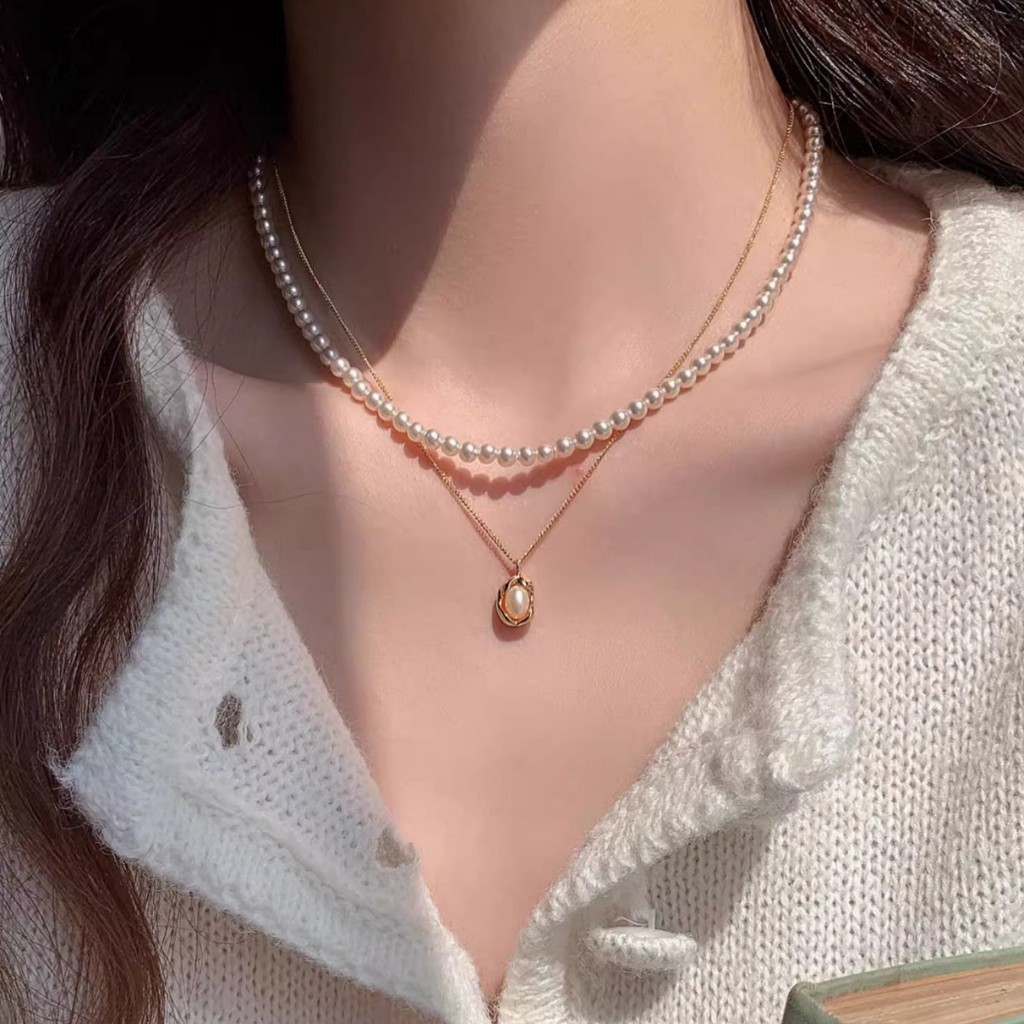 Vòng cổ ngọc trai thủy tinh xếp chồng hai lớp thời trang
