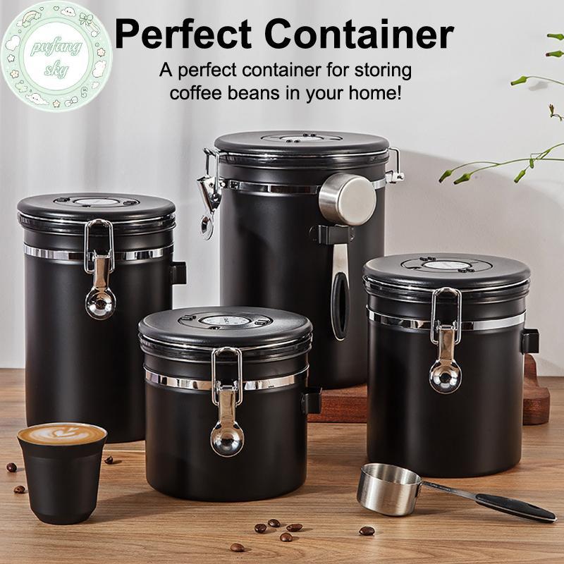 Hộp đựng cà phê PUSKY kín khí Van một chiều bằng thép không gỉ Hộp đựng thực phẩm nhà bếp có ngày trao đổi và muỗng cho xay cà phê 1.2 1.5 1.8L VN