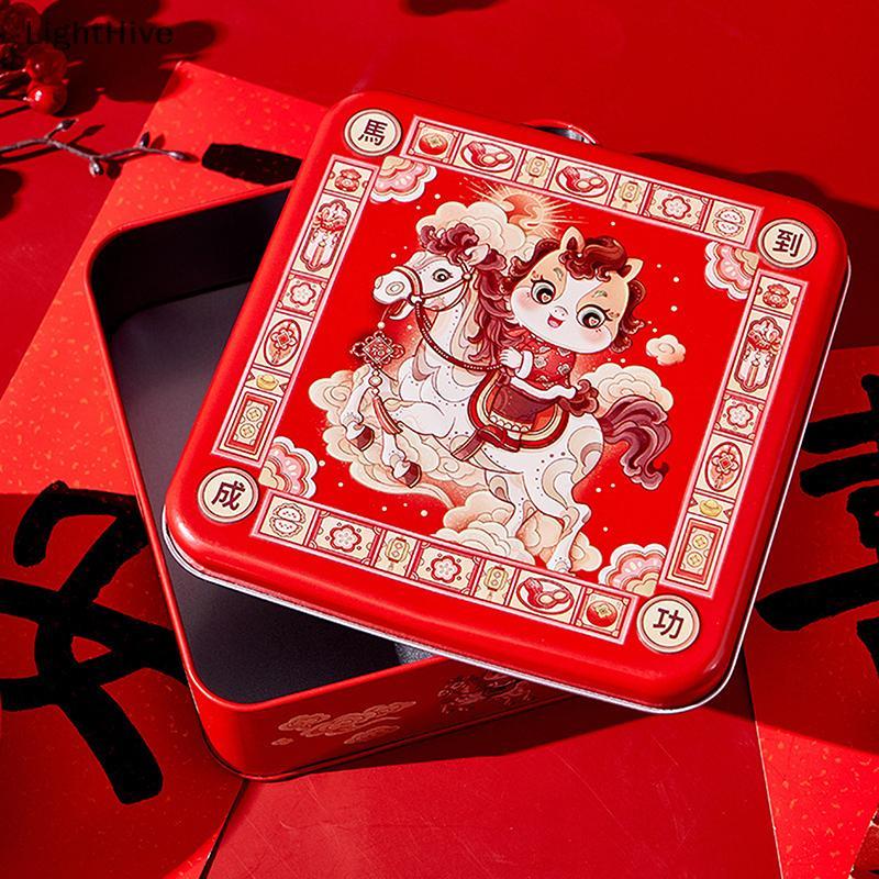 [LightHive] Hộp thiếc kẹo thiếc năm mới Hộp kim loại hoạt hình Năm con ngựa Gấu trúc in kẹo Hộp đựng trà bánh quy (TH)