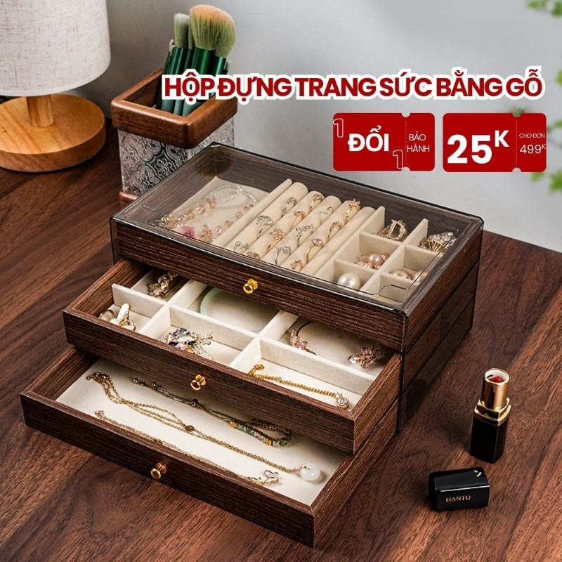 Hộp Đựng Trang Sức Bằng Gỗ Cao Cấp DINO- Khay Đựng Nhẫn, Dây Chuyền, Hoa Tai 3 Tầng Sang Trọng