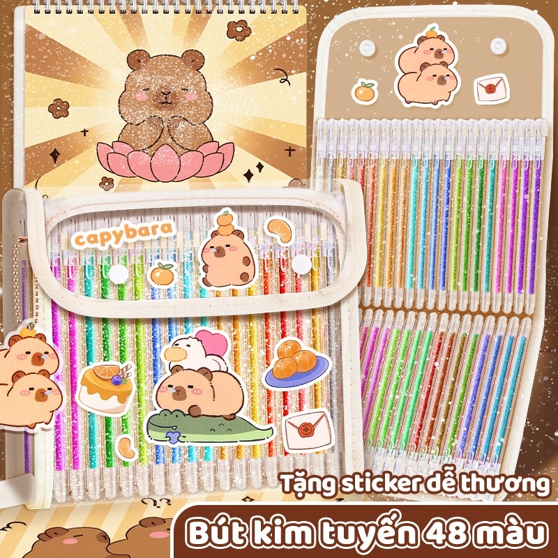 Bút highlight nhiều màu tươi sáng – Bút đánh dấu kim tuyến kèm tem Capybara dễ thương