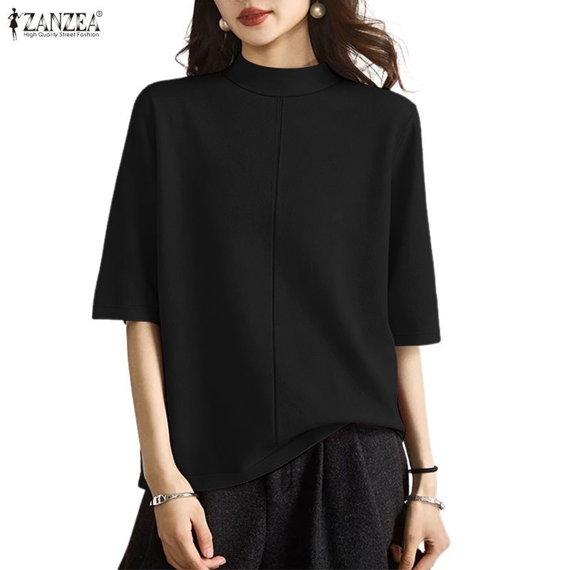 ZANZEA Áo Thun Nữ Phong Cách Hàn Quốc Tối Giản, Cổ Cao Tay Ngắn Màu Trơn