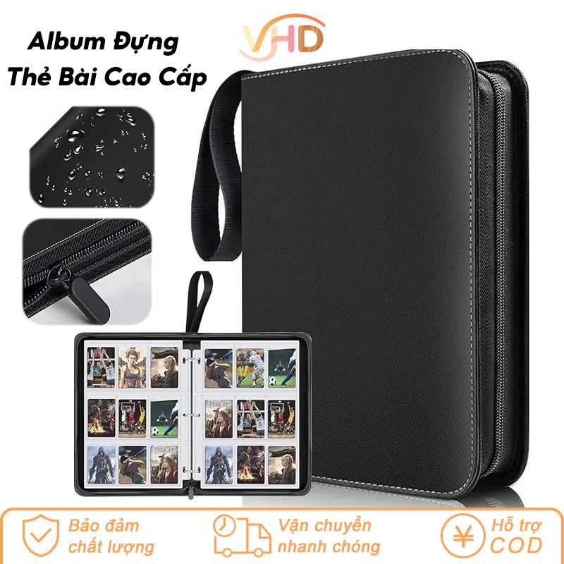 Sổ Lưu Trữ & Trưng Bày Thẻ Bài Cao Cấp - Bìa Da PU Đen Bền Bỉ, Bảo Vệ Và Sắp Xếp 400 Thẻ Pokemon/K-Pop, Quà Tặng Ý Nghĩa